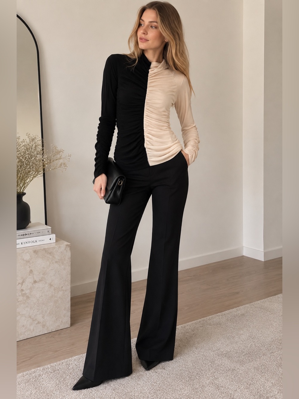 ZARA Knit Black & Cream Colorblock Ruched Long Sleeve Top Size S